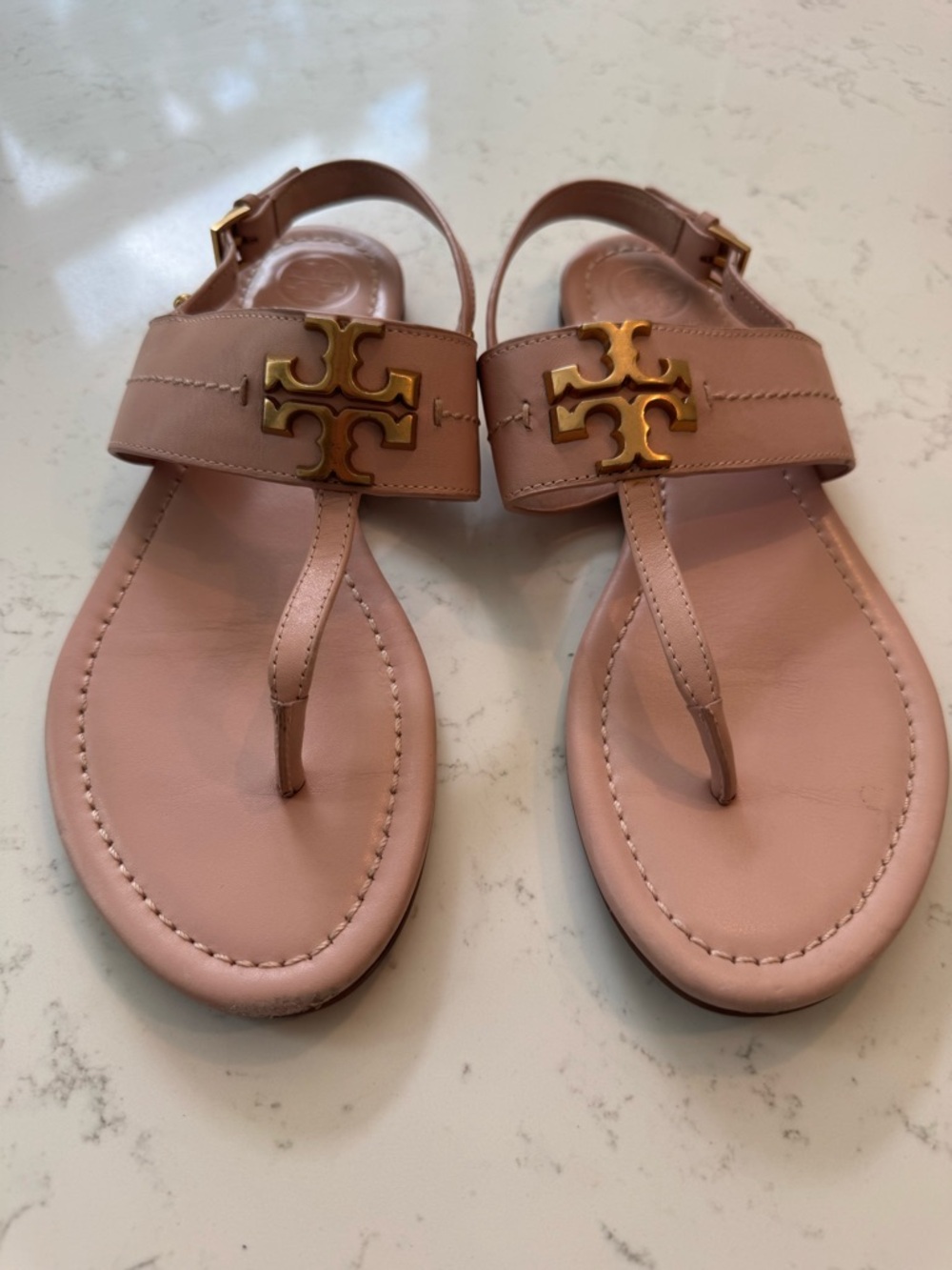 Tory Burch Blush Leather Logo Thong Sandals with Gold Emblem